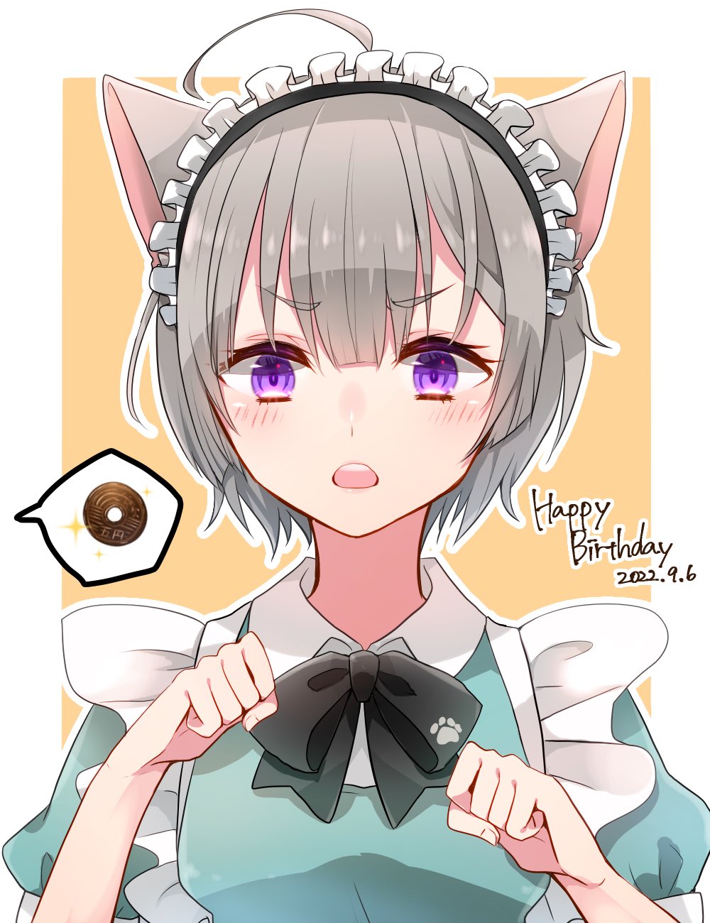 1girl, ahoge, alternate_costume, animal_ears, apron, aqua_dress, black_bow, black_bowtie
