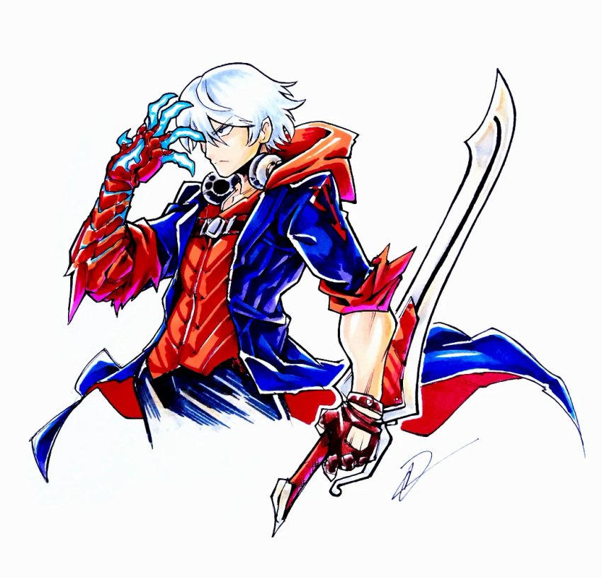 1boy, blue_coat, coat, devil_may_cry_(series), devil_may_cry_4, headphones, headphones_around_neck, holding