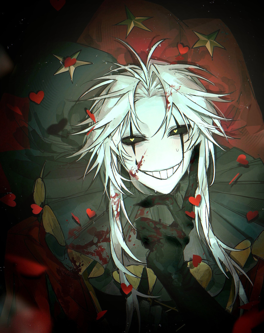 1boy, black_gloves, black_sclera, colored_sclera, daddyxxxk, gloves, grin, hair_intakes