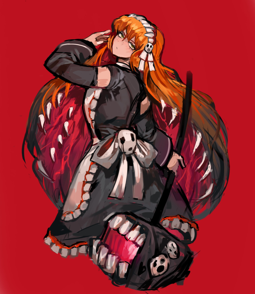 1girl, absurdres, arm_up, black_dress, detached_sleeves, dress, e.g.o_(project_moon), extra_teeth