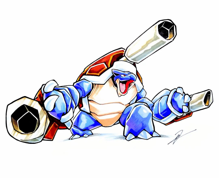 blastoise, mega_blastoise, no_humans, open_mouth, pokemon, pokemon_(creature), signature, simple_background