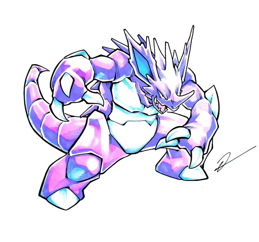 claws, nidoking, no_humans, open_mouth, pokemon, pokemon_(creature), signature, simple_background