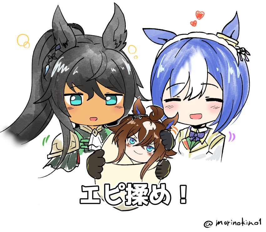 3girls, aged_down, ahoge, animal_ears, baby, black_gloves, black_hair, blue_bow
