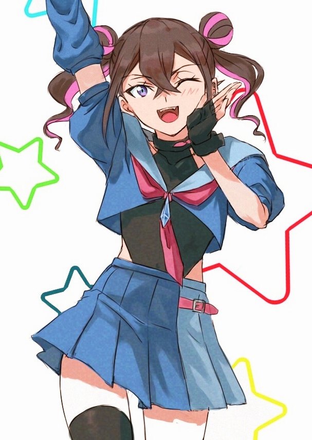 1girl, ;d, arm_up, arm_warmers, belt, black_leotard, blue_gem, blue_skirt