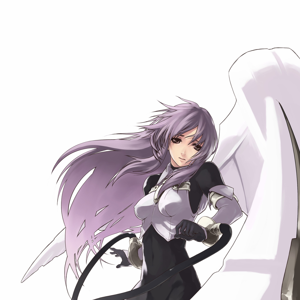 blazing_star, bodysuit, breasts, kizuyomina_asayuki, koharu_nosuke, long_hair, purple_hair, simple_background, solo, wings