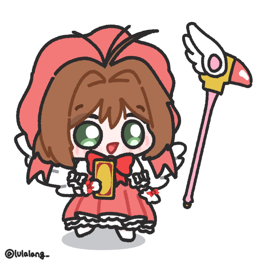 1girl, :d, brown_hair, card, cardcaptor_sakura, chibi, chibi_only, commentary