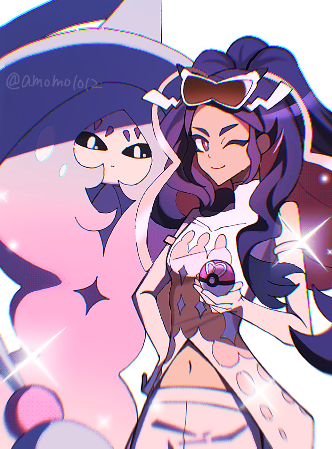 1girl, amomo1012, asymmetrical_clothes, asymmetrical_pants, black_hair, caraway_(pokemon), clothing_cutout, colored_inner_hair, commentary_request, dark-skinned_female, dark_skin, eyewear_on_head, gloves, hatterene, highres, holding, holding_poke_ball, long_hair, looking_at_viewer, luxury_ball, midriff, multicolored_hair, navel, off_shoulder, one_eye_closed, pants, pink_hair, poke_ball, pokemon, pokemon_(creature), pokemon_champions, red_eyes, shoulder_cutout, single_pantsleg, smile, solo, sunglasses, twitter_username