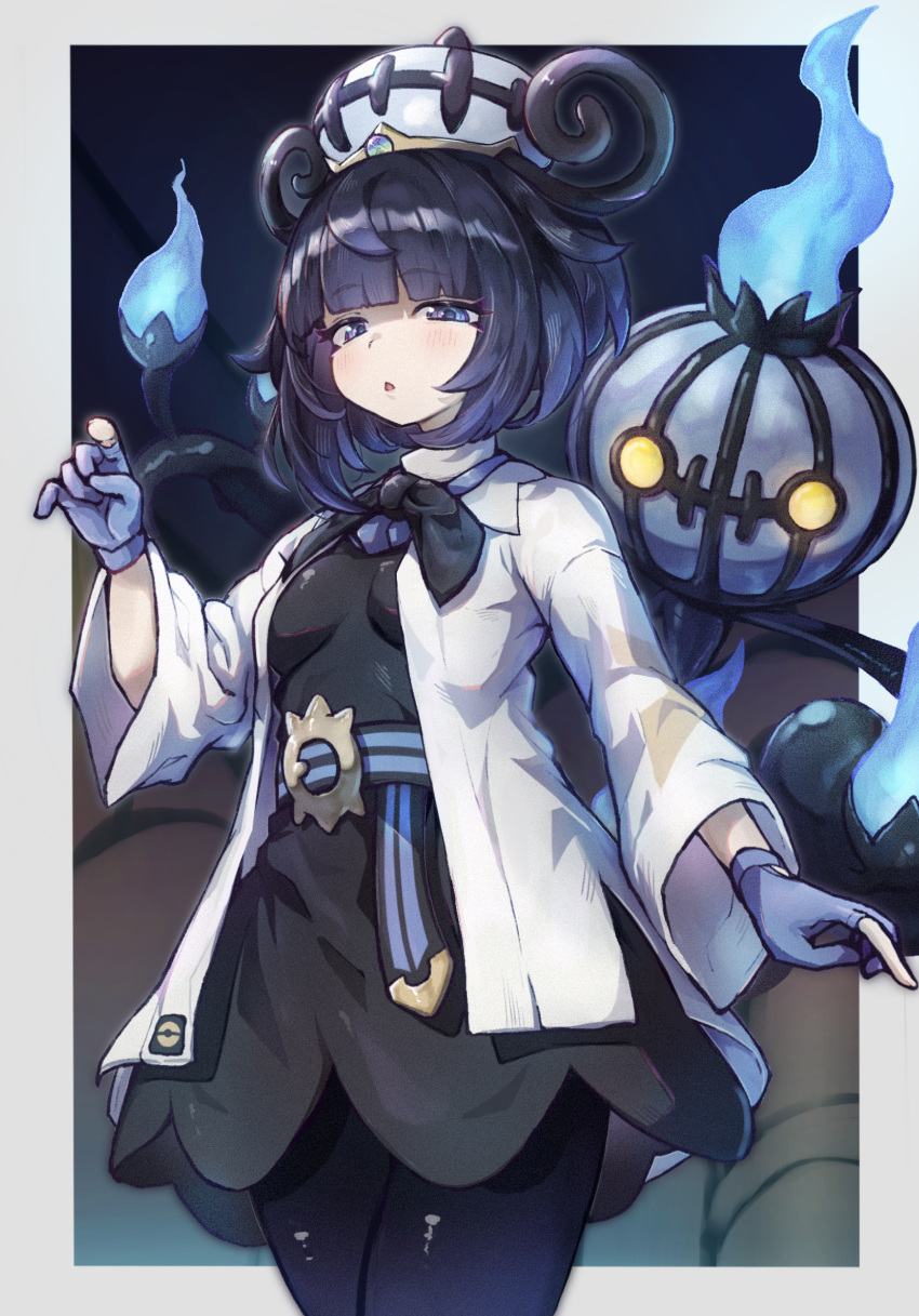 1girl, black_dress, black_hair, blue_gloves, blunt_bangs, bob_cut, chandelure, coat