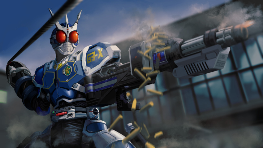 1boy, armor, black_bodysuit, blue_armor, blue_helmet, bodysuit, building, commentary_request