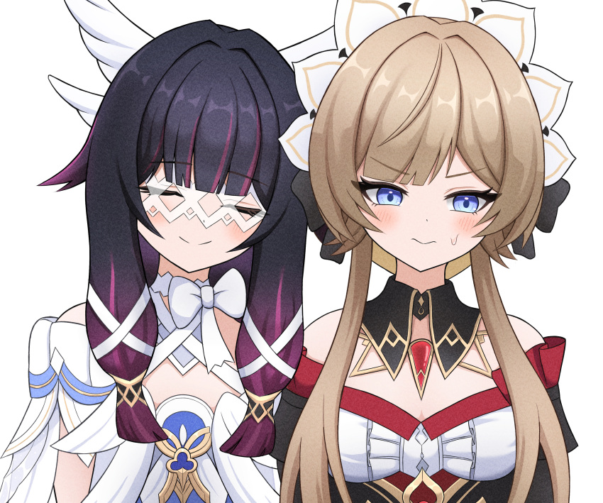 absurdres, bare_shoulders, black_hair, blonde_hair, closed_eyes, columbina_(genshin_impact), dress, eye_mask