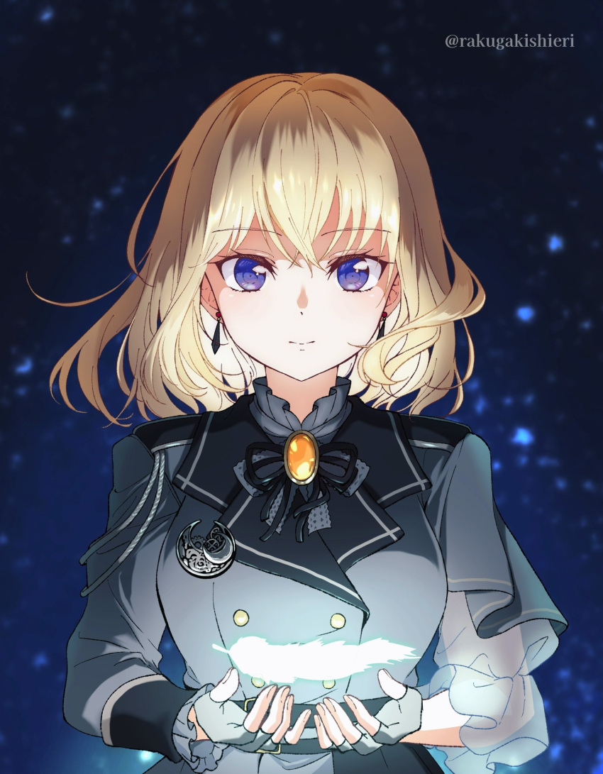1girl, bang_dream!, bang_dream!_it's_mygo!!!!!, black_ribbon, blonde_hair, blue_eyes, blurry, blurry_background