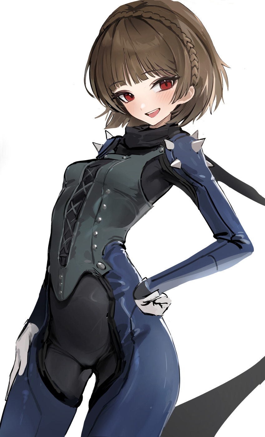 1girl, :d, absurdres, alternate_costume, black_bodysuit, black_scarf, black_survival, blue_bodysuit
