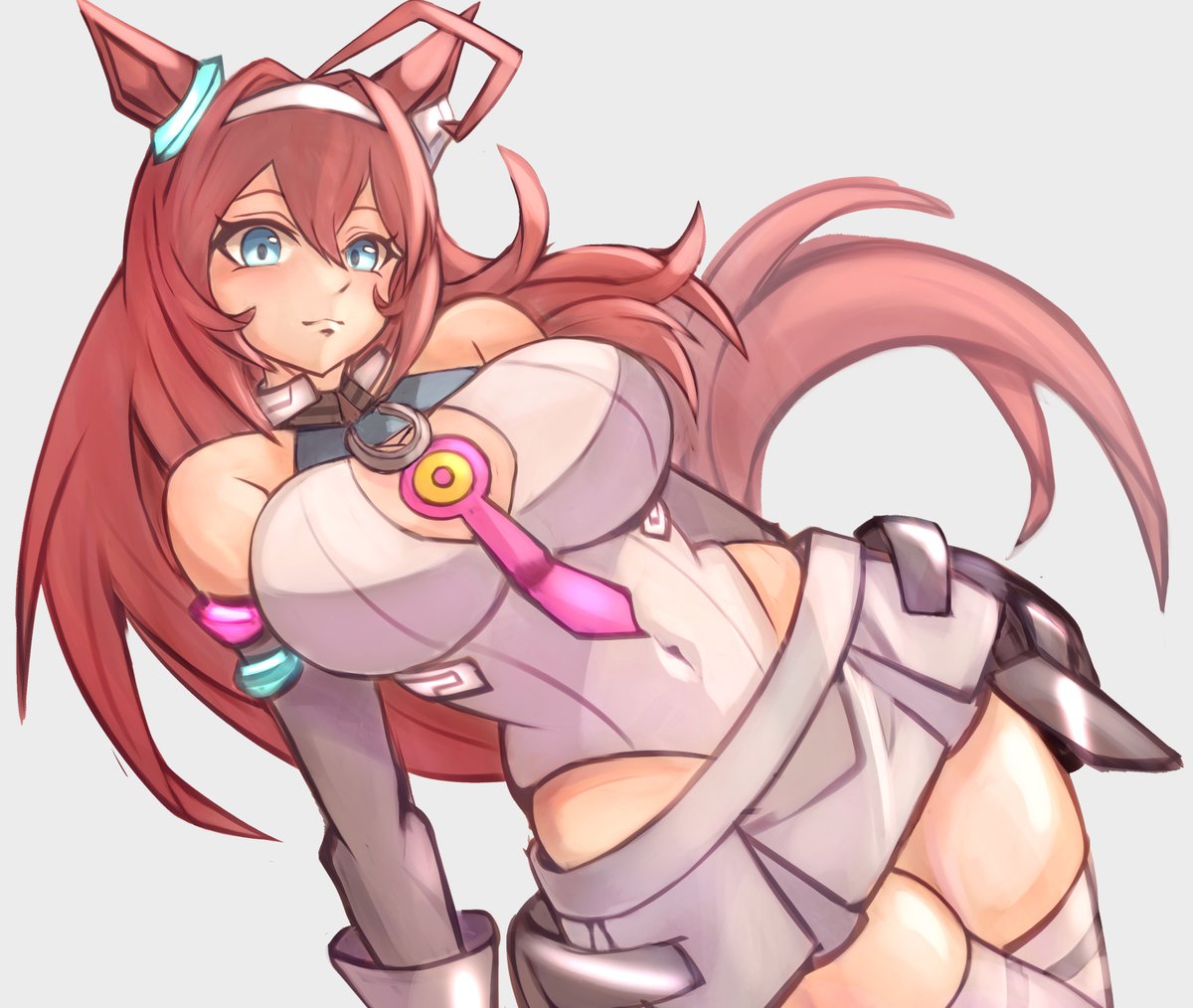 1girl, ahoge, animal_ears, bare_shoulders, blue_eyes, breast_cutout, breasts, brown_hair