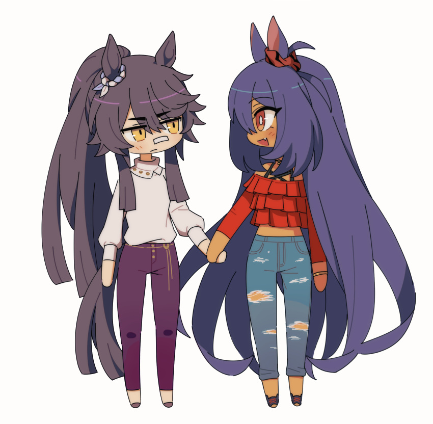 2girls, animal_ears, bandaid, bandaid_on_face, bandaid_on_nose, black_hair, blush, closed_mouth