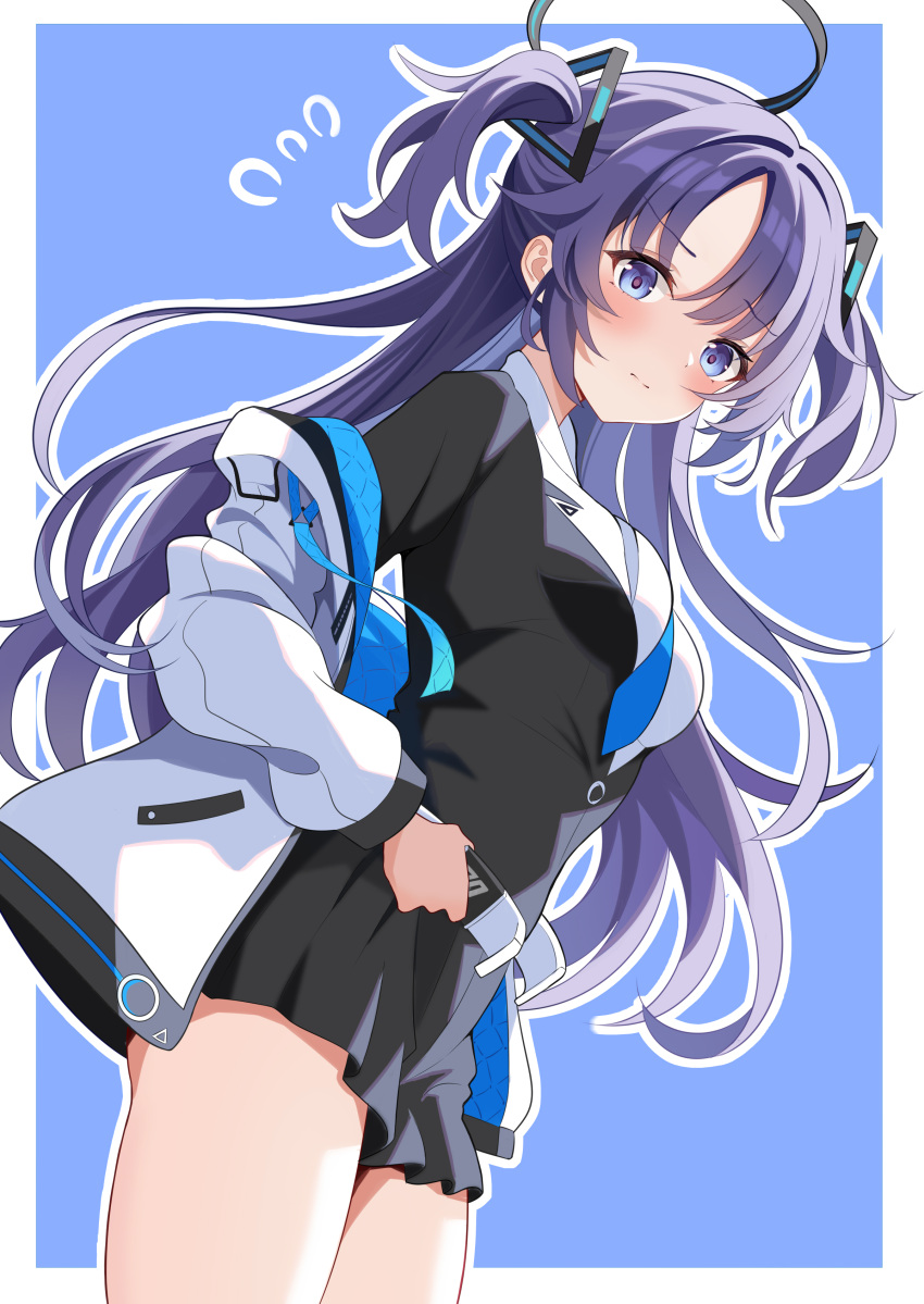 1girl, absurdres, aqua_necktie, black_gloves, black_skirt, black_suit, blue_archive, blue_eyes, blue_hair, breasts, collared_shirt, commentary_request, gloves, hair_between_eyes, hair_ornament, half_gloves, halo, headgear, highres, jacket, kawtorikomi, long_hair, looking_at_viewer, mechanical_halo, medium_breasts, miniskirt, name_tag, necktie, parted_lips, pleated_skirt, shirt, skirt, skirt_suit, solo, suit, triangle_hair_ornament, two_side_up, very_long_hair, white_jacket, white_shirt, yuuka_(blue_archive)