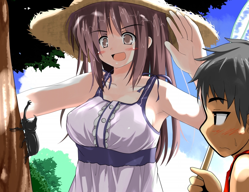 black_hair, blush, breasts, brown_eyes, brown_hair, hat, long_hair, net
