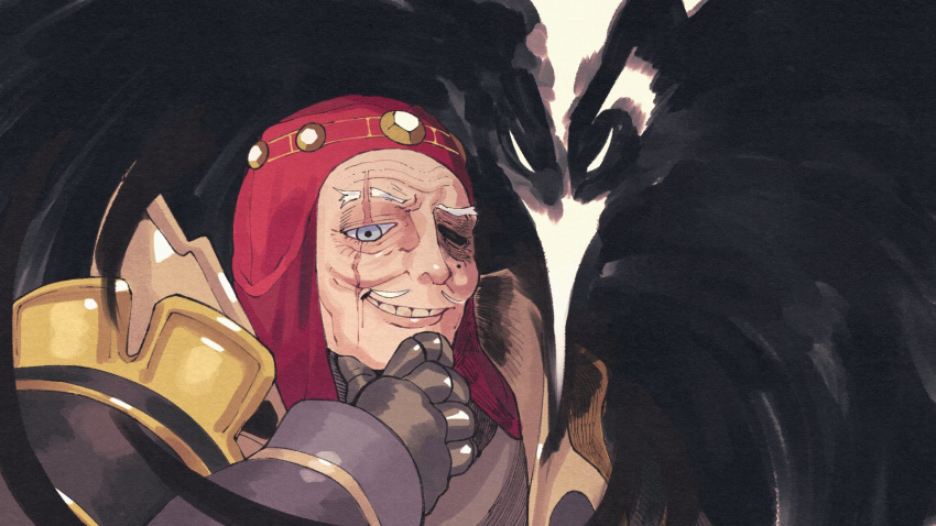 1boy, armor, bohan, commentary, commission, english_commentary, facial_hair, grin