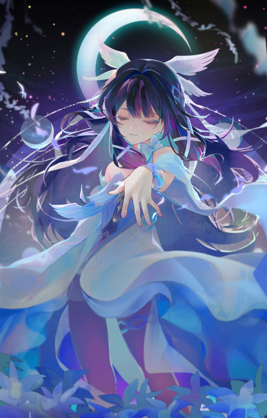1girl, absurdres, bare_shoulders, closed_eyes, columbina_(genshin_impact), commentary_request, dress, eye_mask