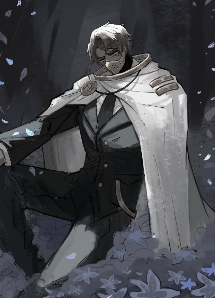 1boy, black_necktie, black_suit, cape, commentary, dark-skinned_male, dark_skin, flower