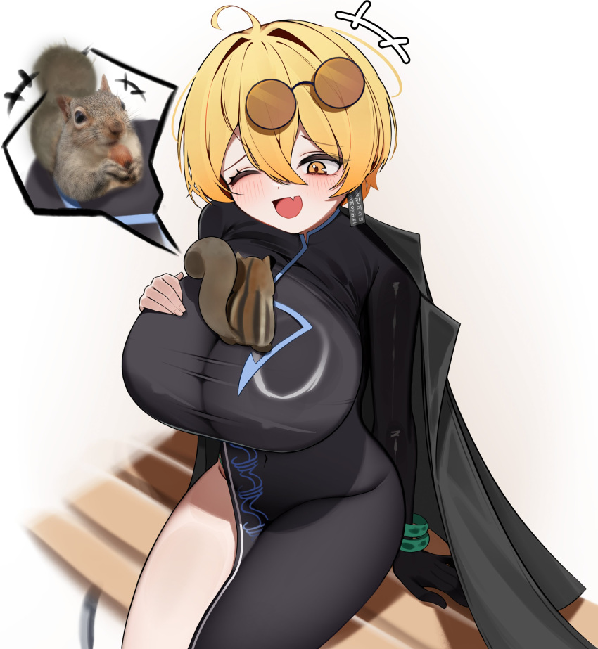 absurdres, black_coat, black_dress, black_hat, blonde_hair, breasts, brown-tinted_eyewear, china_dress, chinese_clothes, chipmunk, cinq_association_east_uniform, coat, coat_on_shoulders, commentary_request, don_quixote_(project_moon), dress, earrings, gloves, hat, highres, jade_bangle, jade_bracelet, jewelry, korean_commentary, large_breasts, limbus_company, ofuda_earrings, project_moon, round_eyewear, single_earring, single_glove, squirrel, sunglasses, tinted_eyewear, ttung-i