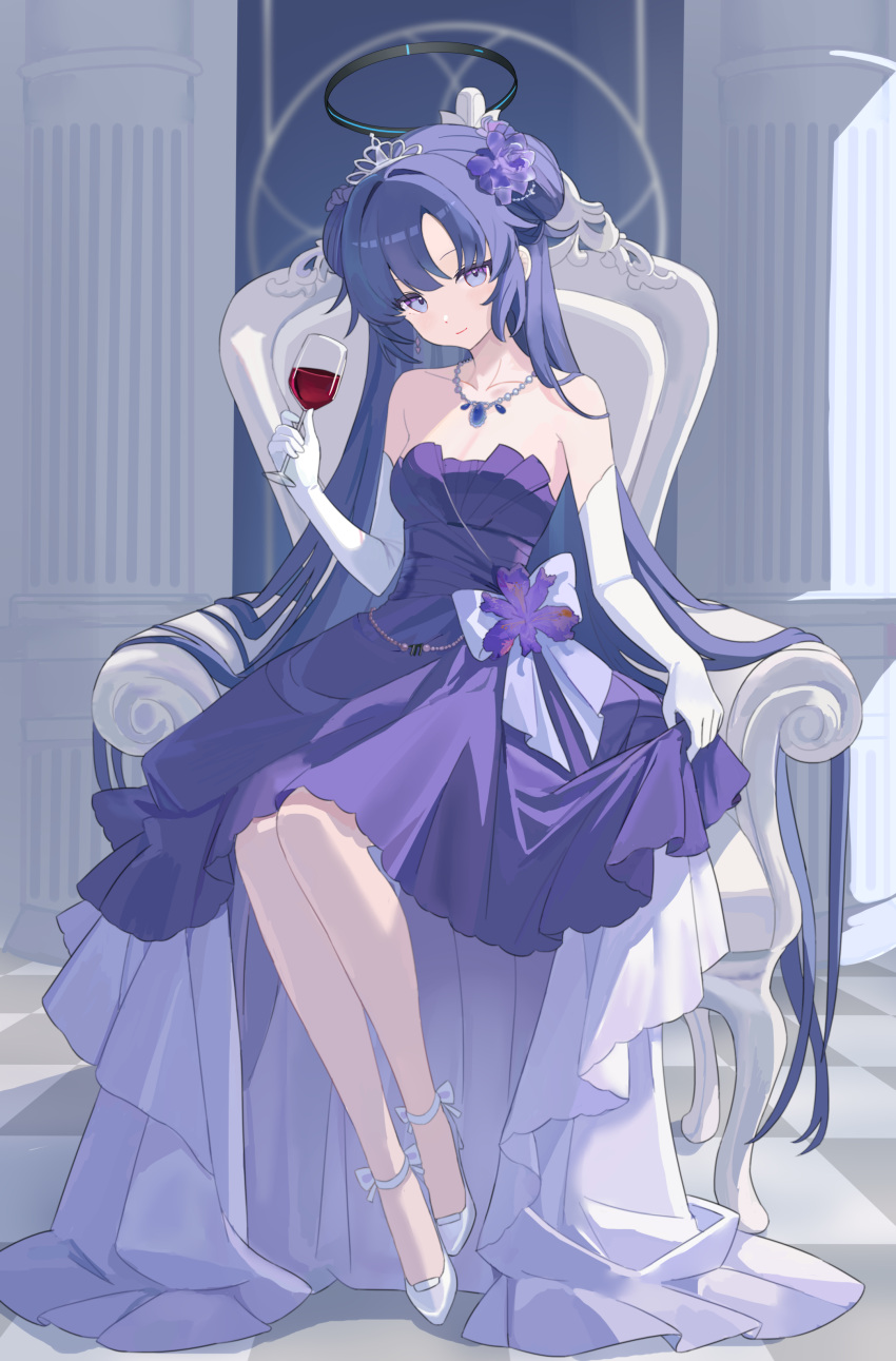 1girl, absurdly_long_hair, absurdres, alcohol, alternate_costume, alternate_hairstyle, ankry, black_halo