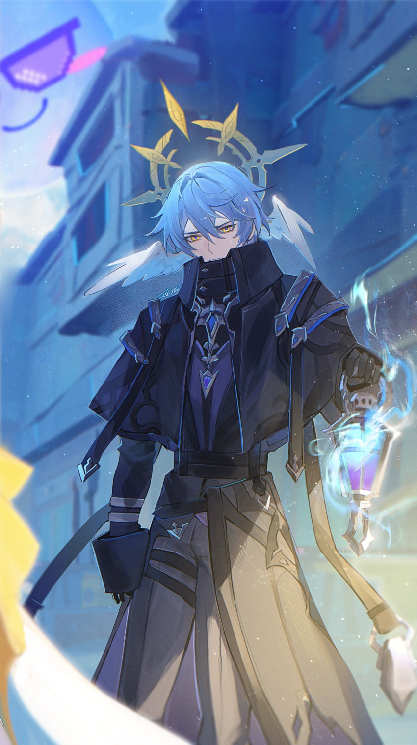 1boy, absurdres, black_gloves, cosplay, cowboy_shot, flins_(genshin_impact), flins_(genshin_impact)_(cosplay), genshin_impact