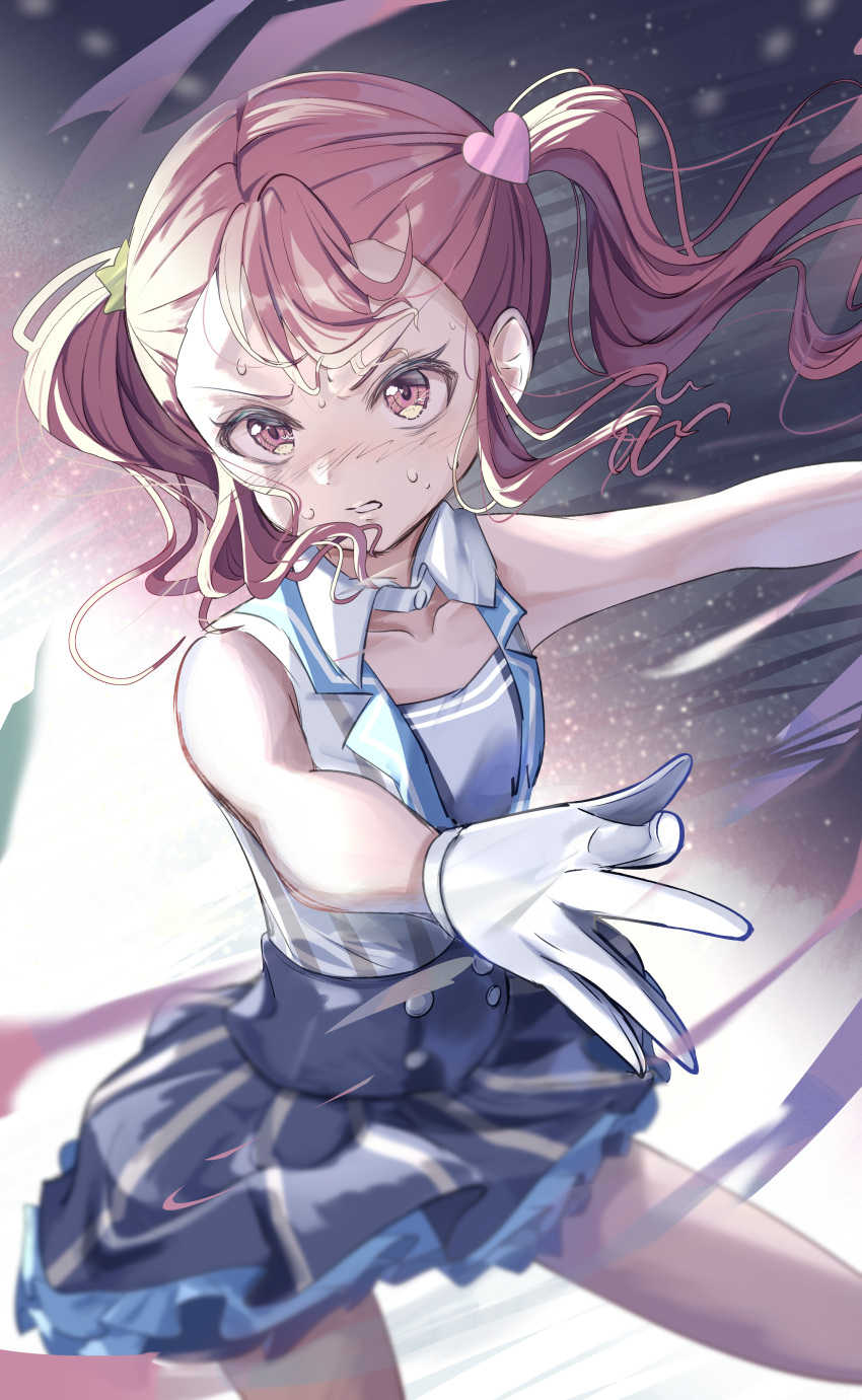 1girl, absurdres, bare_shoulders, collarbone, figure_skating, figure_skating_dress, floating_hair, gloves