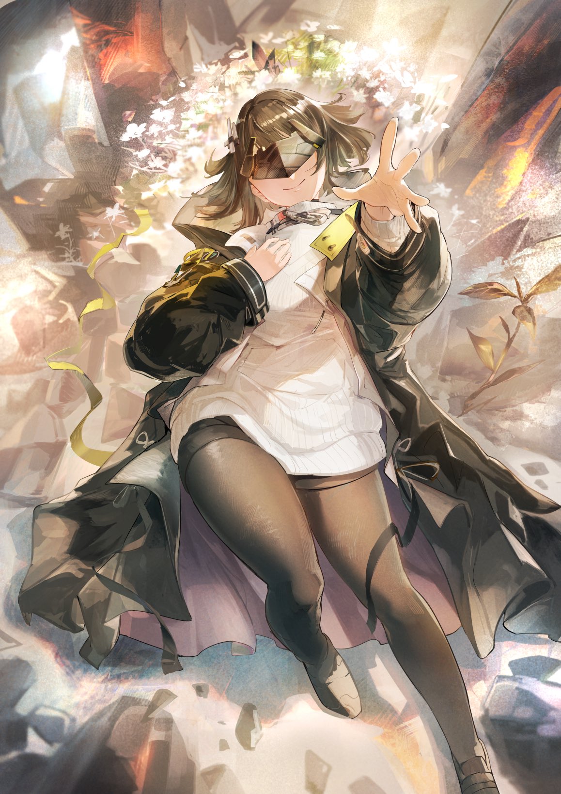 1girl, arknights, arknights:_endfield, baobav, black_coat, black_hair, black_mask, black_pantyhose, black_shoes, blindfold_mask, coat, commentary_request, endministrator_(arknights), female_endministrator_(arknights), from_above, grey_sweater, hand_on_own_chest, highres, knee_up, mask, medium_hair, open_clothes, open_coat, originium_(arknights), pantyhose, reaching, reaching_towards_viewer, shoes, smile, solo, sweater