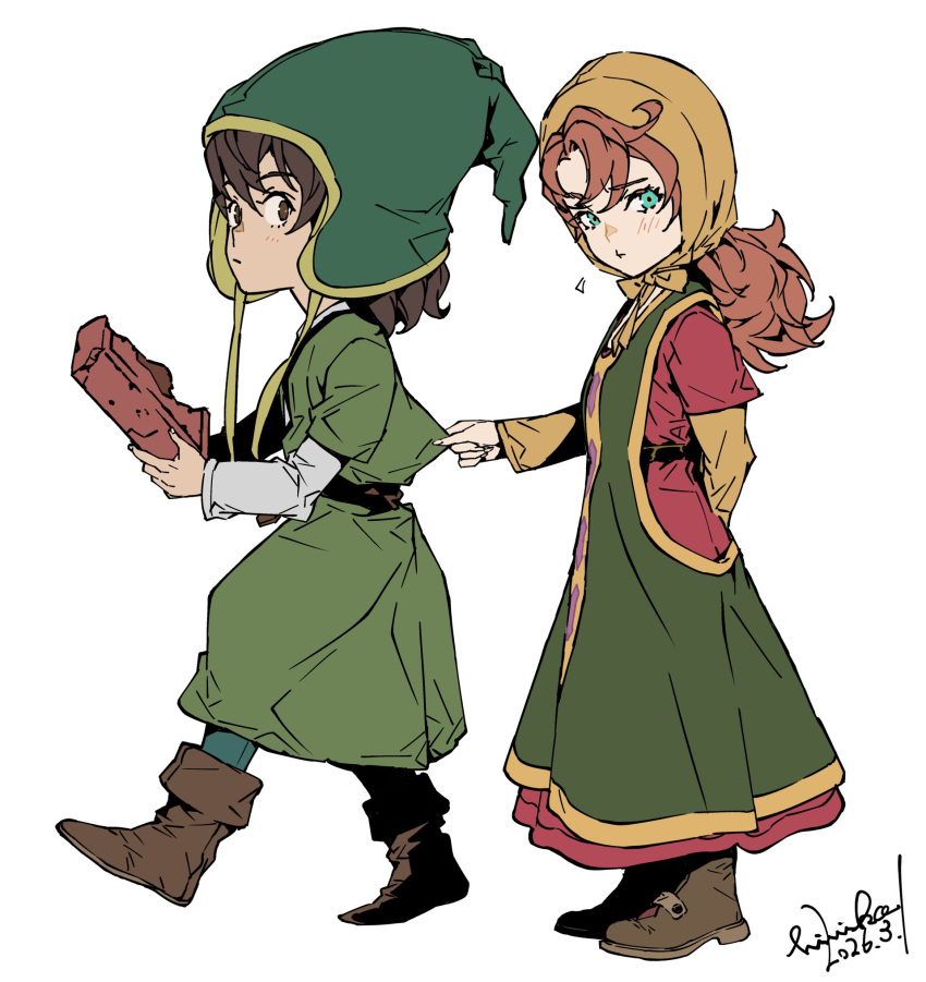 1boy, 1girl, artist_name, bonnet, book, brown_bonnet, brown_eyes, brown_shoes