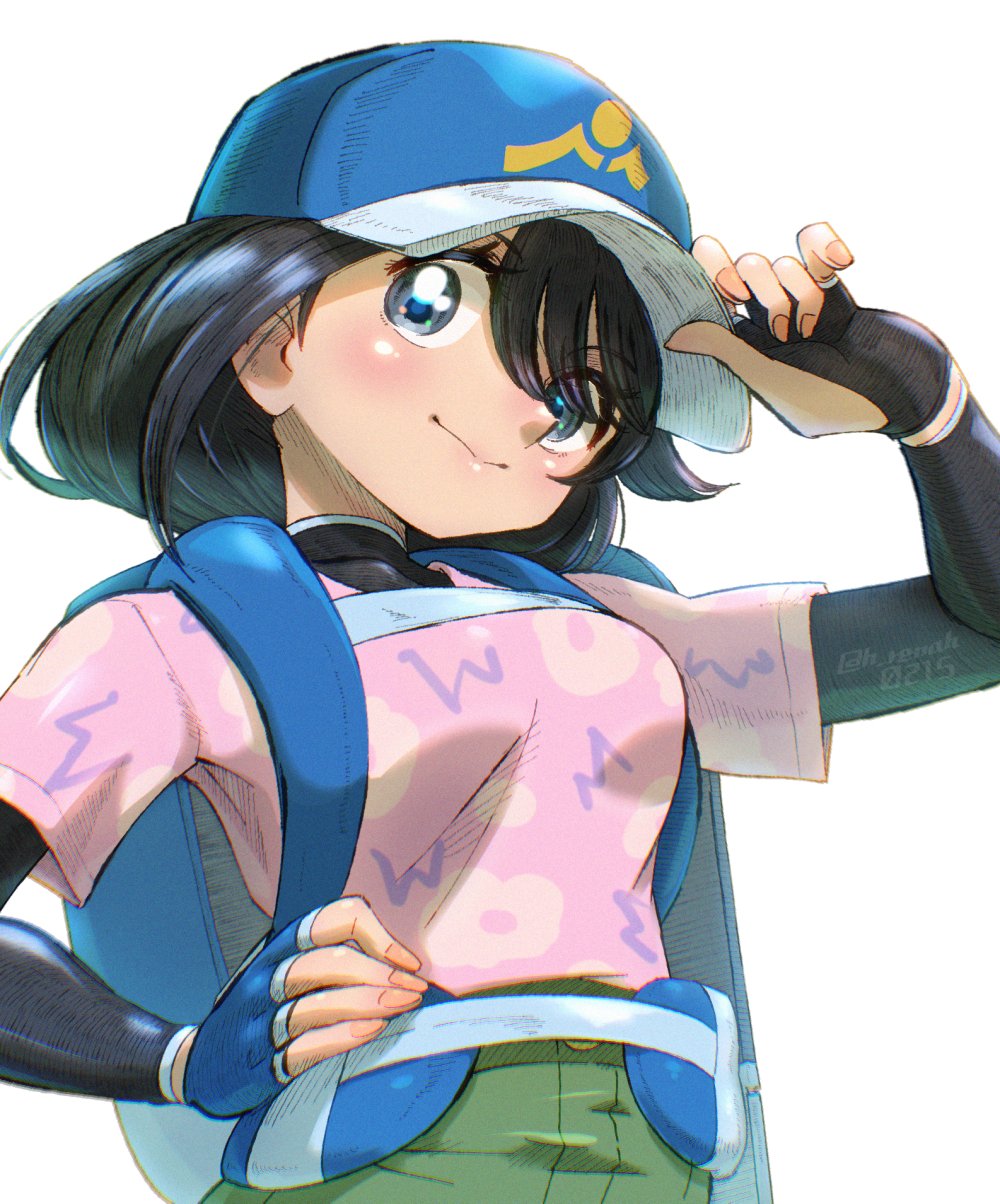 1girl, backpack, bag, black_bodysuit, black_hair, blue_bag, blue_hat, blush