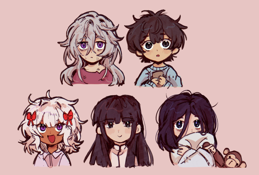 2boys, 3girls, araya_(project_moon), black_eyes, black_hair, closed_mouth, hair_ribbon, highres