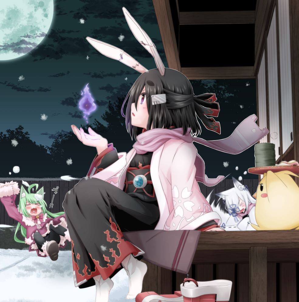 3girls, akashi_(azur_lane), animal_ears, architecture, azur_lane, black_hair, comiket_103, commentary_request