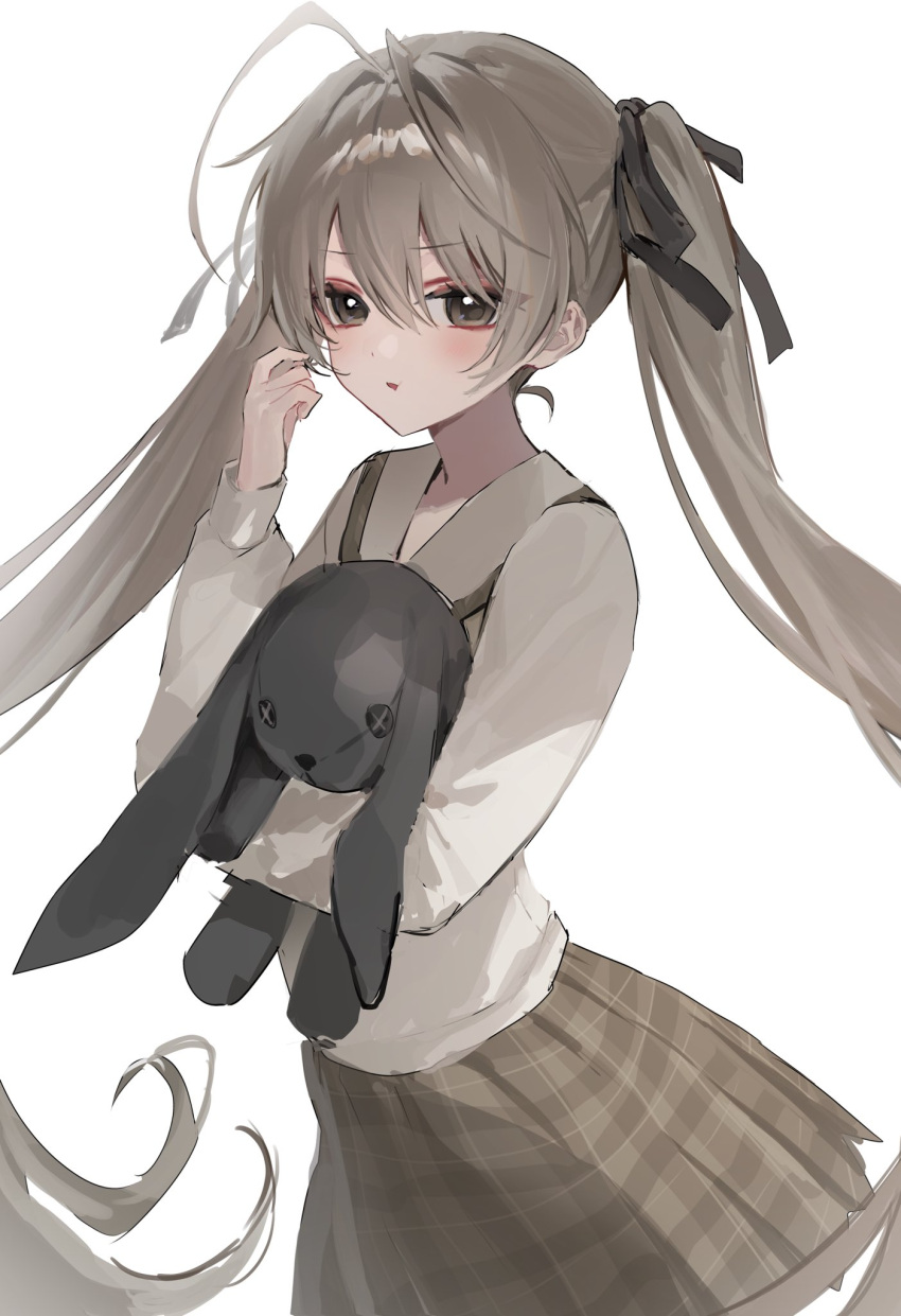 1girl, aco_(aco_7313), antenna_hair, black_ribbon, blush, brown_eyes, brown_skirt, commentary_request