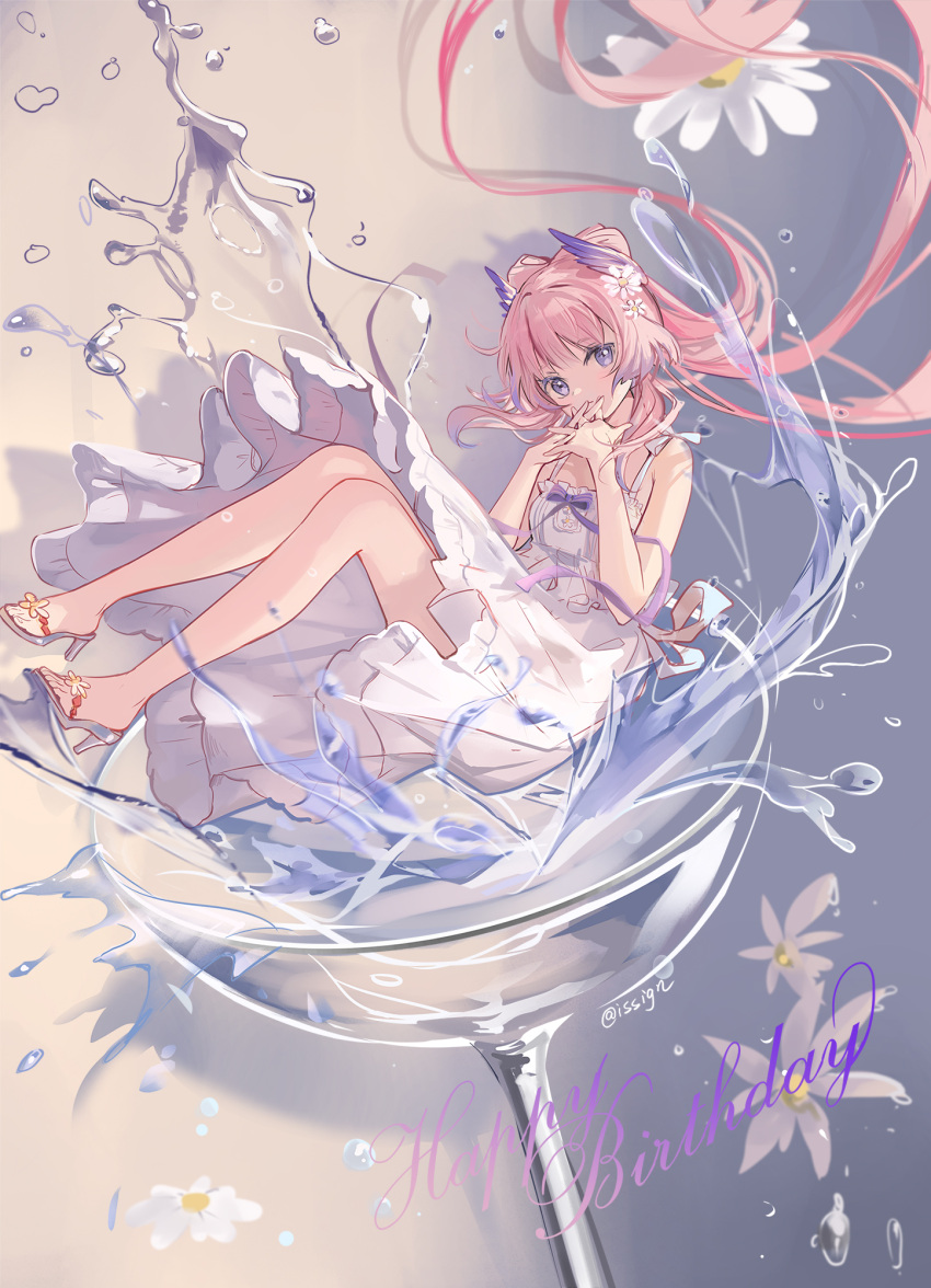 1girl, alternate_costume, blurry, bow-shaped_hair, brown_background, chinese_commentary, commentary_request, cup, daisy_(flower), depth_of_field, dress, drinking_glass, feather_hair_ornament, feathers, flower, footwear_flower, full_body, genshin_impact, hair_flower, hair_ornament, hand_to_own_mouth, happy_birthday, high_heel_sandals, high_heel_slides, high_heels, highres, in_container, in_cup, interlocked_fingers, issign, legs, long_hair, looking_at_viewer, own_hands_together, pink_hair, sandals, sangonomiya_kokomi, shadow, sleeveless, sleeveless_dress, solo, spaghetti_strap, toes, twitter_username, two-tone_background, very_long_hair, violet_eyes, water, white_dress, white_flower, white_sandals