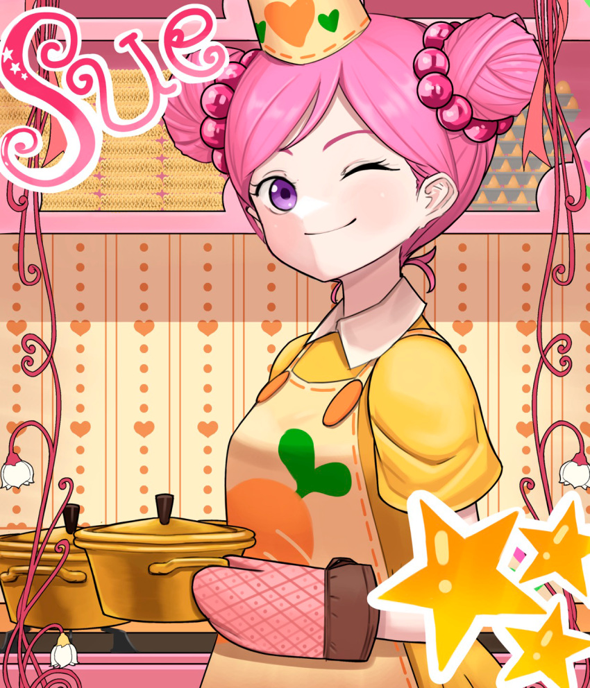 1girl, apron, avata_star_sue, blush, carrot, character_name, commentary, cooking