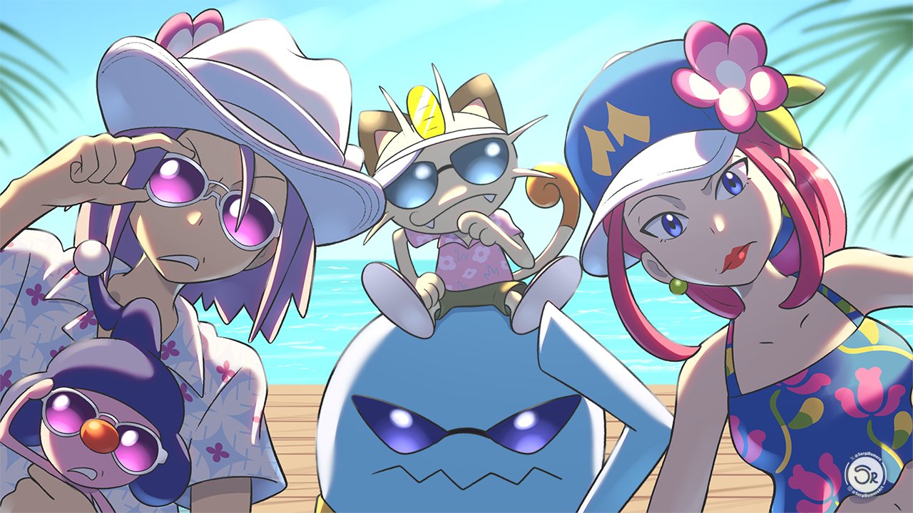 1boy, 1girl, :d, blue_eyes, blue_hair, blue_hat, blue_tank_top, closed_mouth, clothed_pokemon, collared_shirt, commentary, cosplay, earrings, english_commentary, fangs, floral_print, floral_print_shirt, flower, hat, hat_flower, james_(pokemon), jessie_(pokemon), jewelry, long_bangs, long_hair, looking_at_viewer, meowth, mime_jr., mr._windychu, mr._windychu_(cosplay), ms._wavychu, ms._wavychu_(cosplay), pants, pikachu, pokemon, pokemon_(anime), pokemon_(creature), pokemon_ww, purple-tinted_eyewear, red_hair, sergiromero, shirt, short_hair, short_sleeves, smile, sphere_earrings, sunglasses, tank_top, team_rocket, tinted_eyewear, white-framed_eyewear, wobbuffet