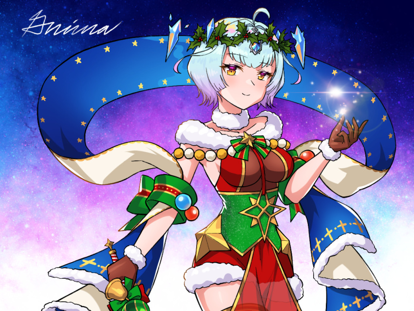 1girl, ahoge, armpits, bare_arms, blue_hair, breasts, brown_gloves, christmas