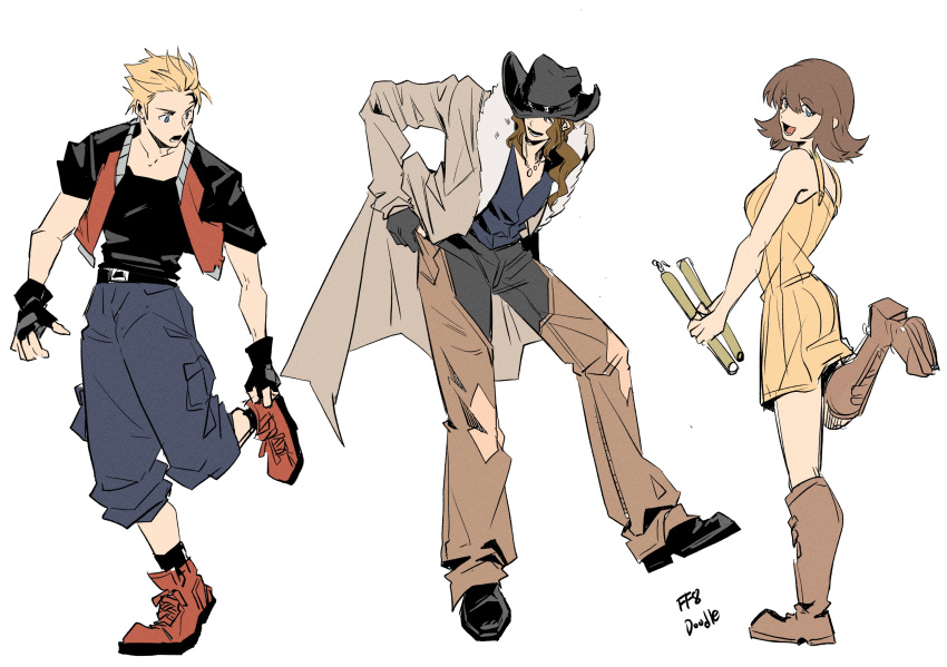 1girl, 2boys, absurdres, adjusting_clothes, bare_shoulders, black_boots, black_gloves, black_hat