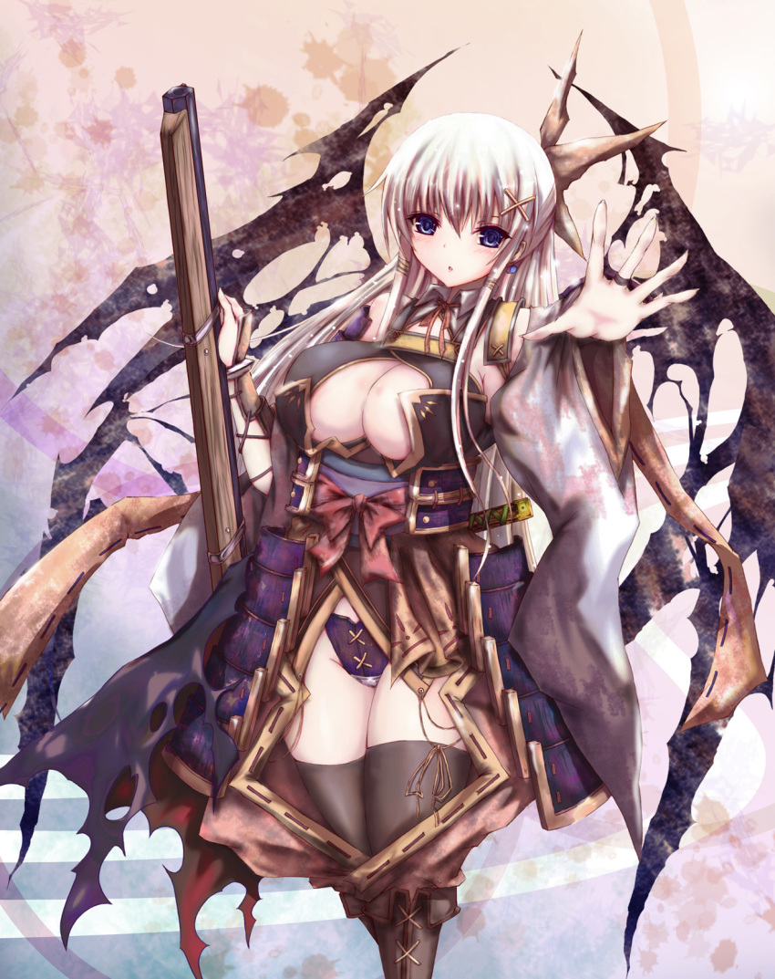 akina_t, armor, black_legwear, blue_eyes, boots, breasts, character_request, cleavage