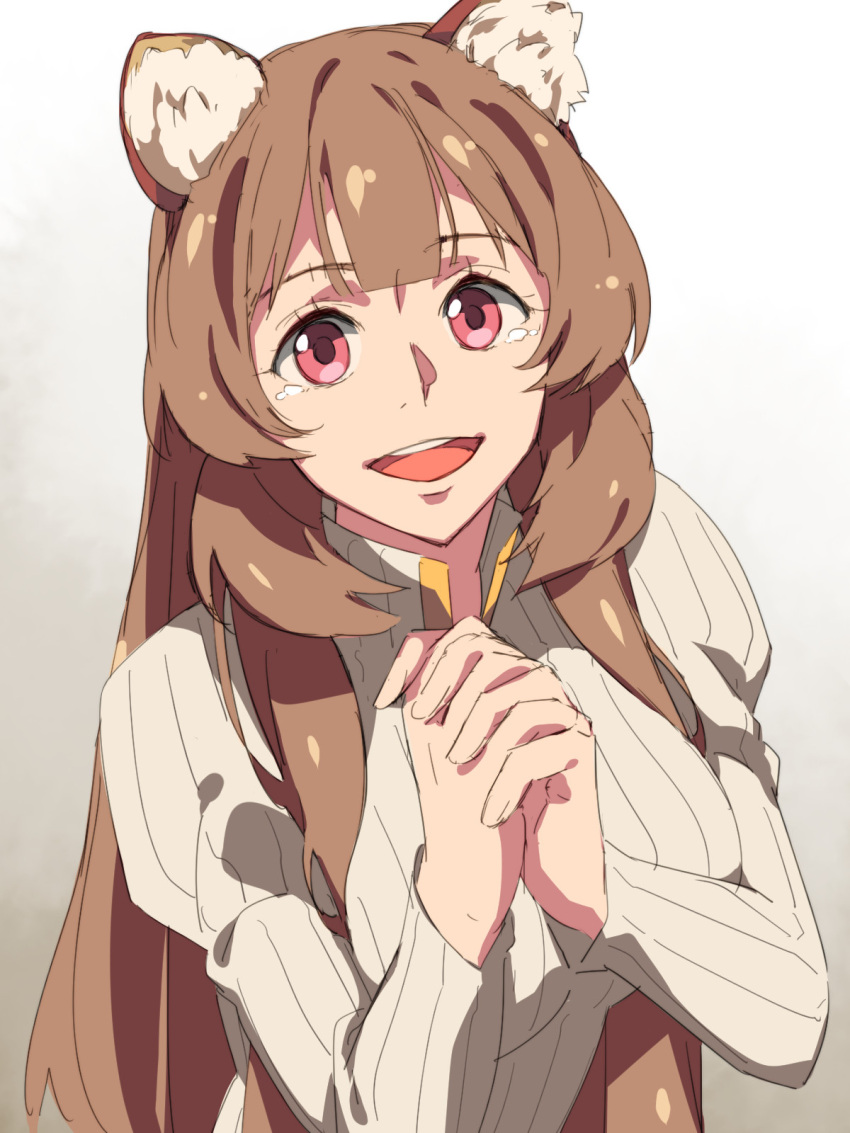 1girl, :d, animal_ear_fluff, animal_ears, blunt_bangs, breasts, brown_background, brown_hair