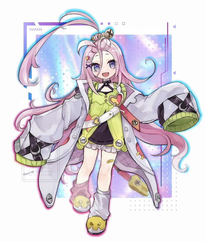 1girl, :d, ahoge, aino_(genshin_impact), artist_name, bandaid, bandaid_on_leg, bangs_pinned_back