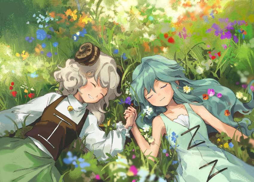 absurdres, blue_hair, closed_eyes, fantasy_maiden_wars, flower_field, gensou_shoujo_taisen, grey_hair, highres