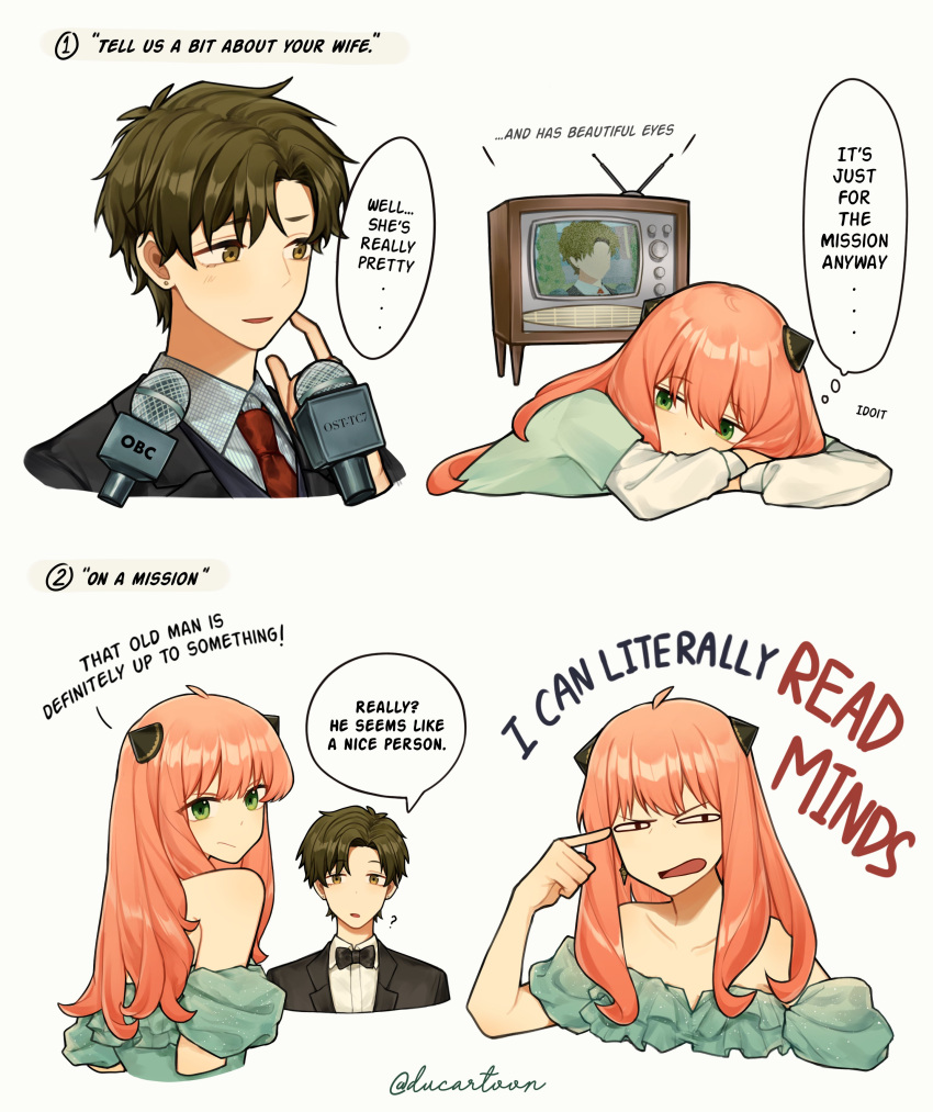 1boy, 1girl, absurdres, aged_up, anya_(spy_x_family), bare_shoulders, black_suit, brown_eyes