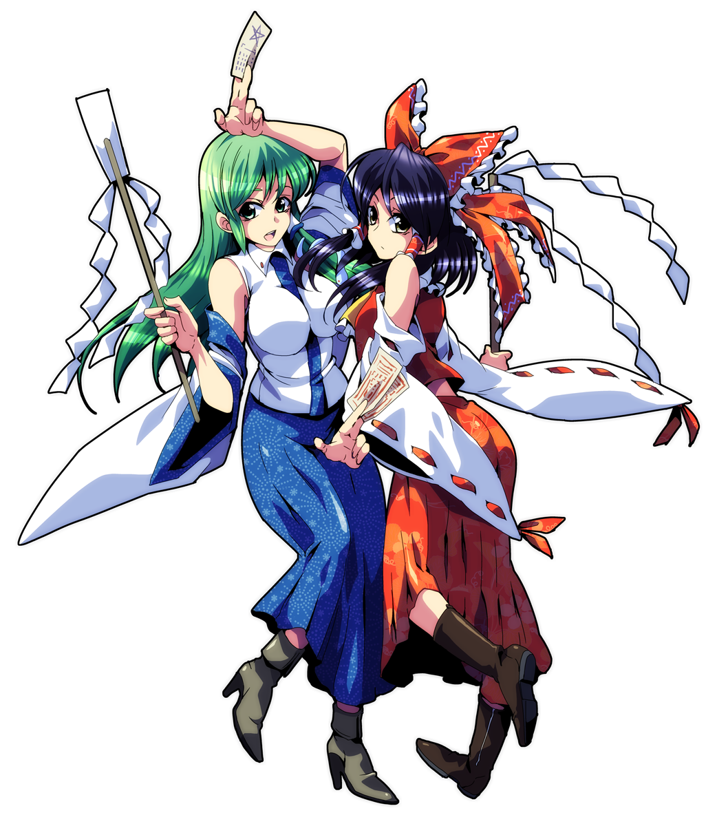 am, am_(blackant), ascot, black_hair, blush, boots, bow, breasts, brown_eyes, detached_sleeves, frog, gohei, green_eyes, green_hair, hair_bow, hair_ornament, hair_tubes, hakurei_reimu, high_heels, highres, kochiya_sanae, long_hair, miko, multiple_girls, ofuda, shoes, skirt, snake, talisman, touhou