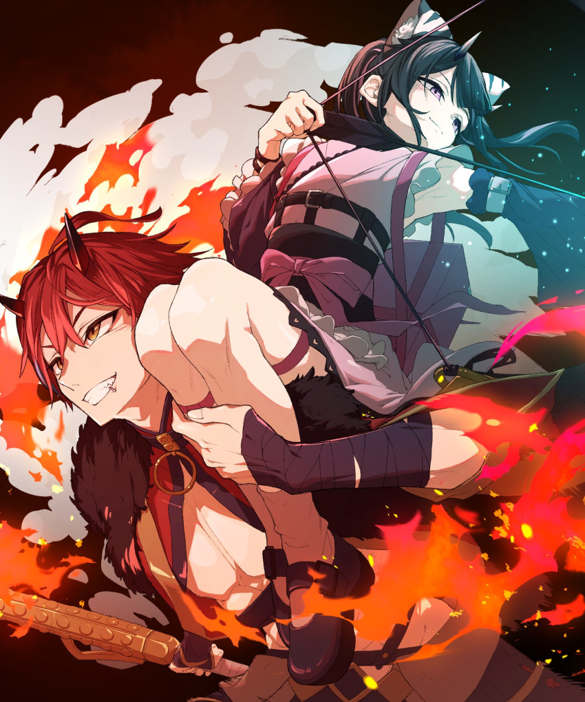 2boys, animal_ears, bandaged_arm, bandages, black_hair, blunt_bangs, bow, bow_(weapon)