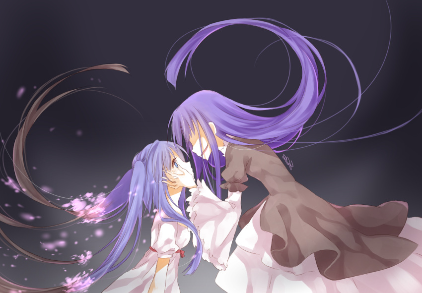 2girls, alternate_costume, alternate_hair_color, black_background, black_dress, blue_eyes, breasts, brown_hair
