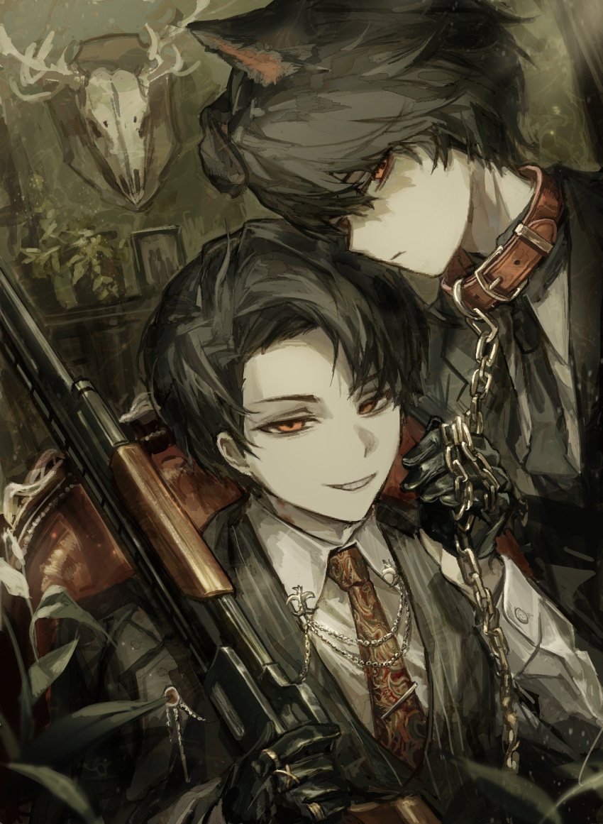 2boys, animal_collar, animal_ears, black_gloves, black_hair, black_necktie, black_vest, chain, chain_leash, collar, collared_shirt, commentary_request, dog_boy, dog_ears, glaring, gloves, gun, hair_between_eyes, highres, holding, holding_gun, holding_leash, holding_weapon, indoors, korean_commentary, leash, male_focus, mounted_skull, multiple_boys, necktie, ooe_(game), oosaki_(ooe), painterly, picture_frame, plant, print_necktie, red_collar, red_eyes, red_necktie, shirt, short_hair, sitting, smile, takeshiba_(ooe), teeth, tie_clip, trophy_head, very_short_hair, vest, vikalpa0, weapon
