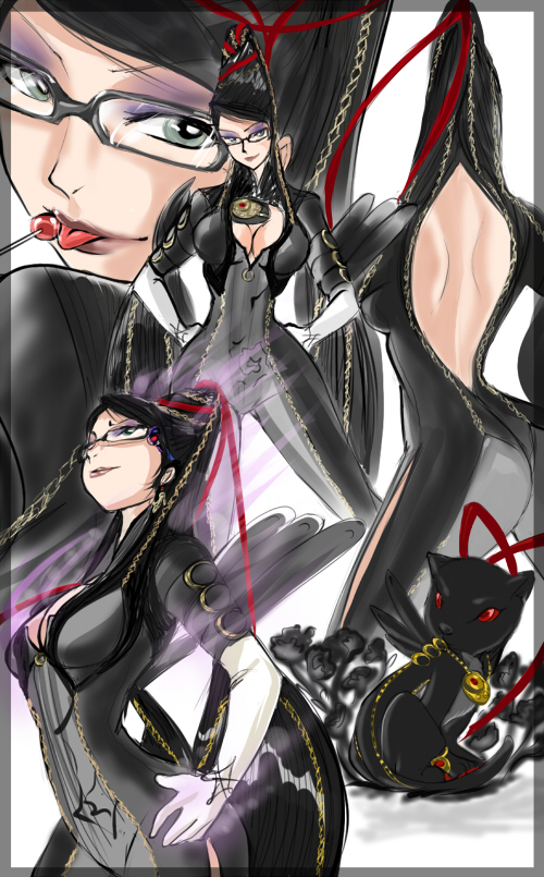 1girl, back, bayonetta, bayonetta_(character), blossomppg, bodysuit, breasts, candy, cat, cleavage, eyeshadow, formal, glasses, gun, hand_on_hip, hands_on_hips, jewelry, lollipop, long_hair, mole, non-stop, sketch, skin_tight, solo, suit, super_smash_bros., tongue, weapon