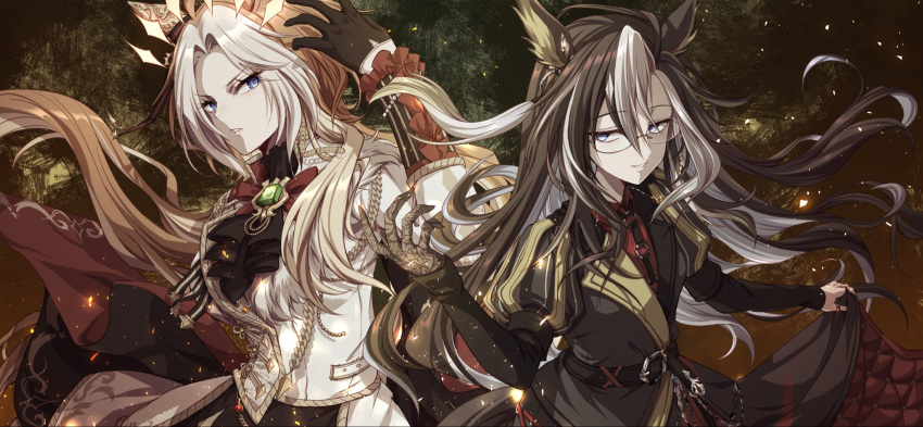 2girls, ahoge, animal_ears, ascot, belt, black_ascot, black_belt, black_coat