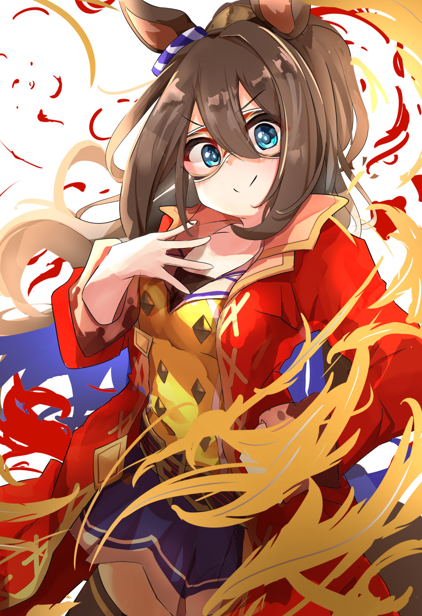 1girl, absurdres, animal_ears, black_thighhighs, blue_eyes, blue_skirt, blush, breasts